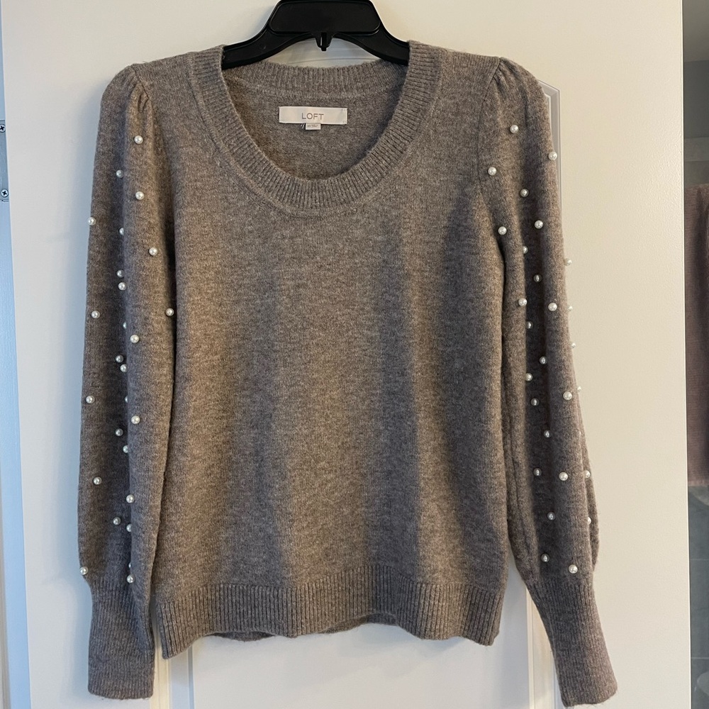 Worn once! Taupe cozy sweater beaded sleeves